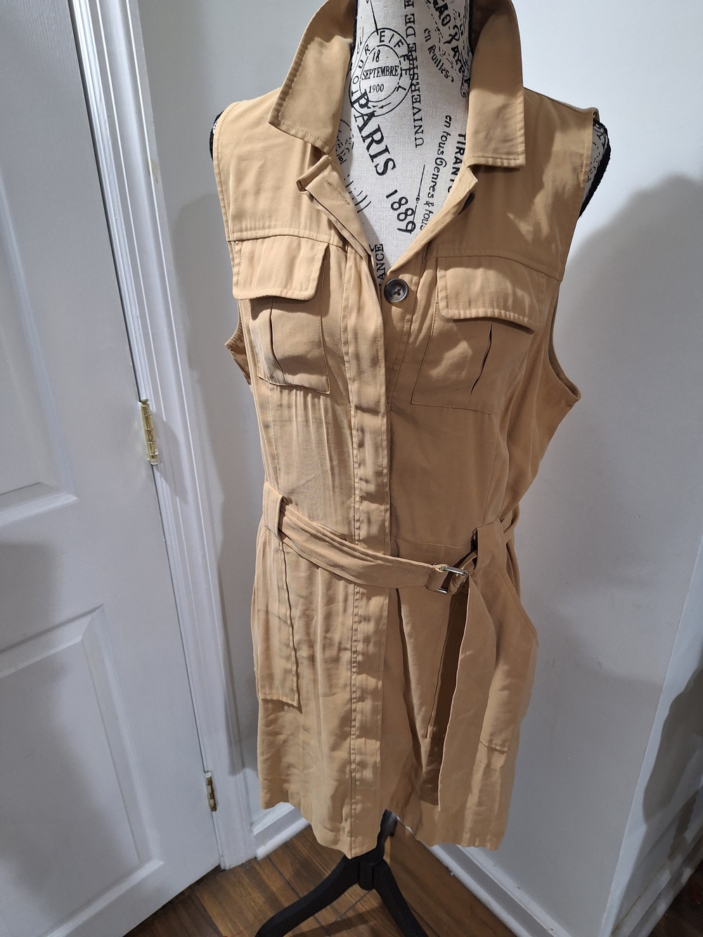 Sleeveless Belted Tan Utility Dress